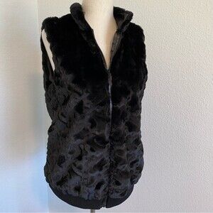 JOY JOY Furry Soft Cuddly Patterned Black Vest Zip Front 2 Pockets Size S